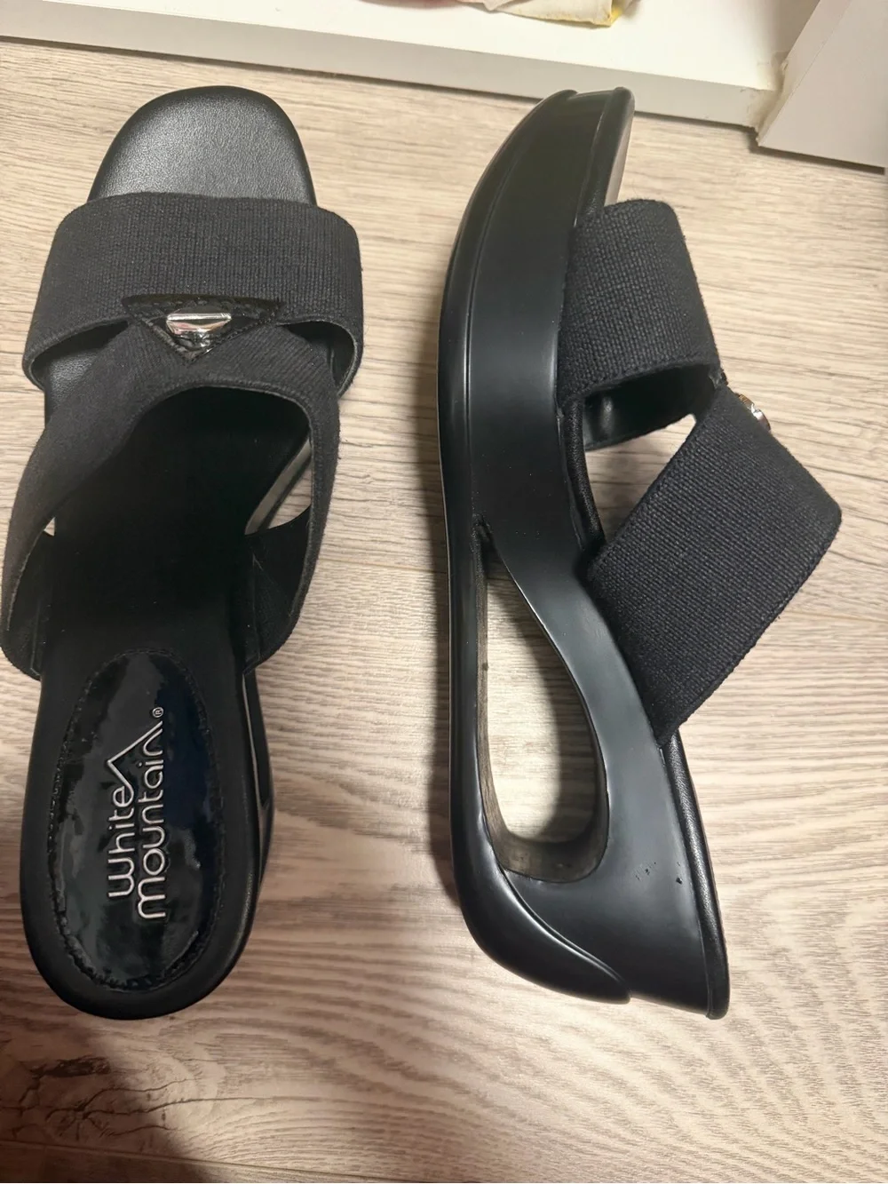 White Mountain Black Elastic-Strap Platform Wedges